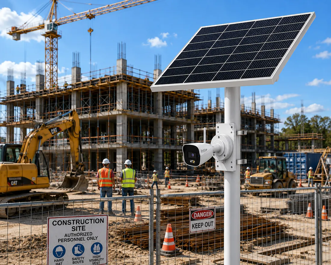 Panel solar con cámara instalada en una obra en construcción