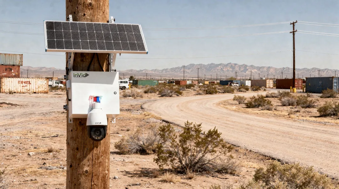Caja solar InVid con cámara PTZ instalada en un poste de madera